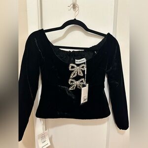 Self-portrait crystal bow off-shoulder velvet top